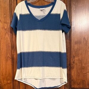 LuLaRoe Christy Navy & Cream Striped V-Neck Tee
